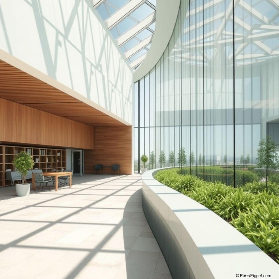 Spacious atrium with large glass windows, wooden panels, potted plants, and seating area. Sunlight creates shadows, giving a serene feel.