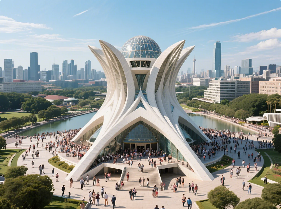 Futuristic building with a dome, surrounded by crowds and greenery, against a city skyline. Clear blue sky enhances the modern vibe.