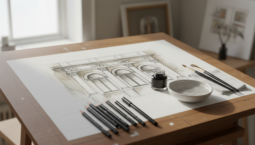 Eye-level view of architectural drawing tools arranged beside a building sketch.