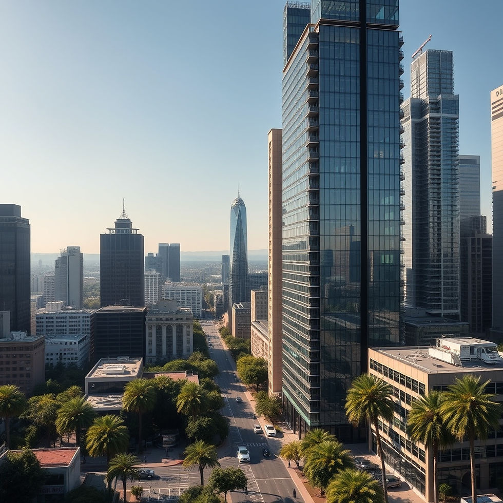 Cityscape with tall glass buildings, palm trees lining the street, and a clear blue sky. The mood is calm and urban.