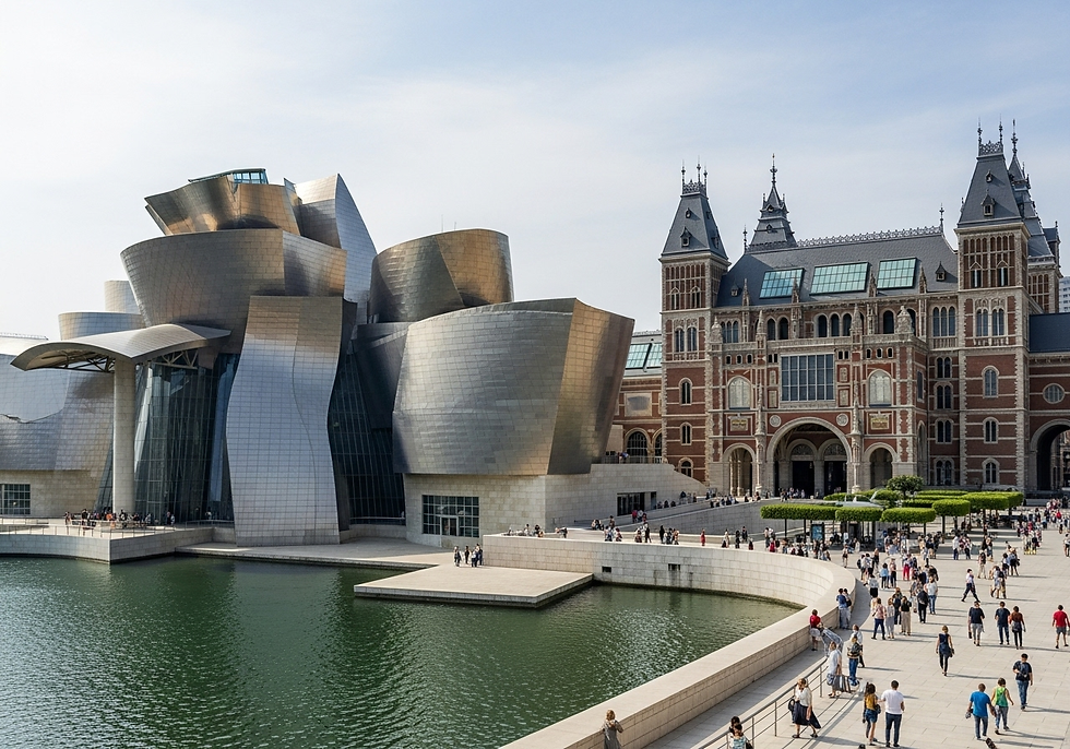 The image shows a futuristic silver building next to a historic red-brick building. People walk along a waterfront path under a clear sky.