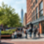People walk and sit on a bustling city street with trees and a red brick building. A tall skyscraper stands in the background under a blue sky.
