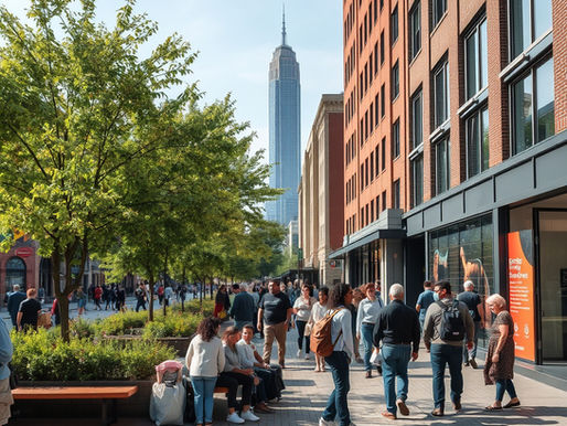 People walk and sit on a bustling city street with trees and a red brick building. A tall skyscraper stands in the background under a blue sky.