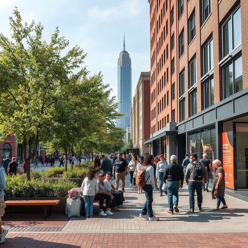 People walk and sit on a bustling city street with trees and a red brick building. A tall skyscraper stands in the background under a blue sky.