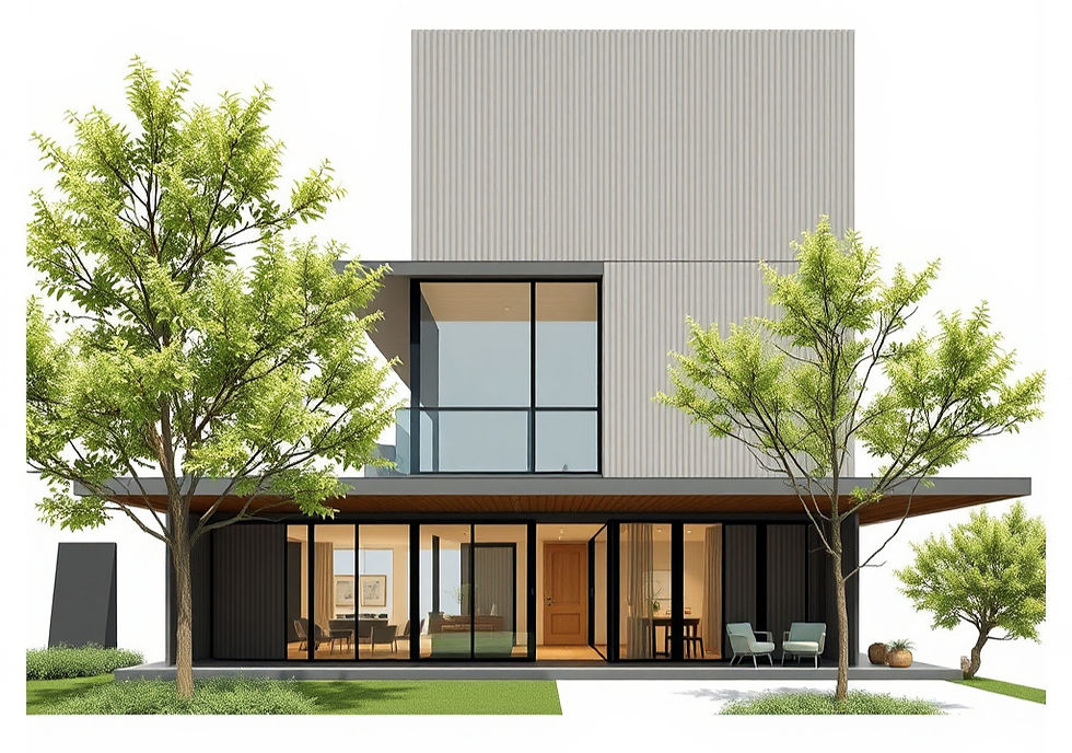Modern two-story house with large windows, black and gray facade. Green trees and lawn in front, two chairs on the patio, bright and airy setting.