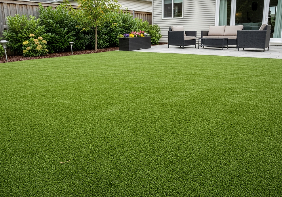 Well-manicured lawn with patio furniture, flowers, and bushes in a backyard. Neutral house exterior, creating a serene, tidy atmosphere.