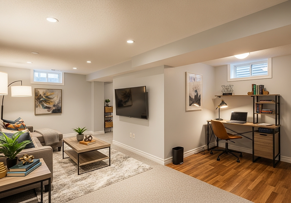 Cozy basement room with a couch, TV, and desk setup. Neutral tones, abstract art, plants, and books create a calm, organized vibe.