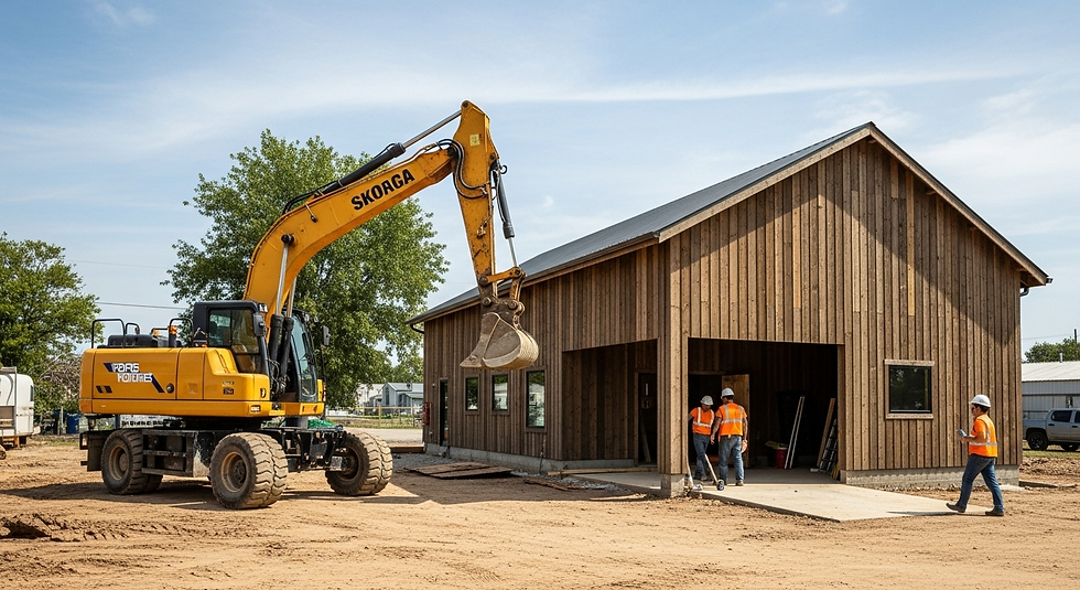Yellow excavator beside wooden building under construction. Four workers in orange vests and helmets stand outside. Clear, sunny day.
