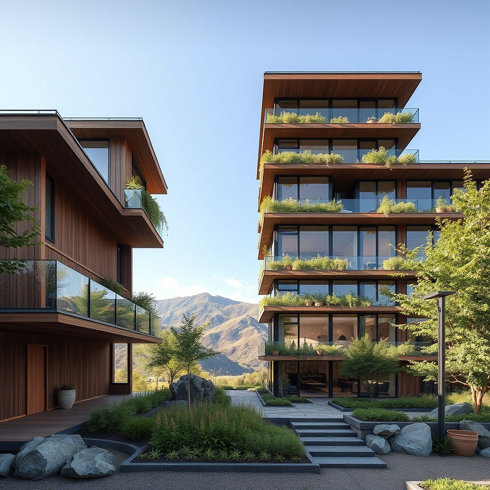 Modern wooden buildings with balconies and lush plants flank a pathway. Mountain view in the background under a clear blue sky. Tranquil mood.