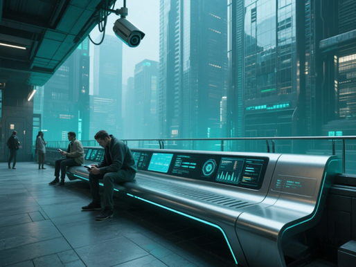 Futuristic cityscape with people using devices on a digital bench, under a surveillance camera. Neon blue lights and skyscrapers set the scene.