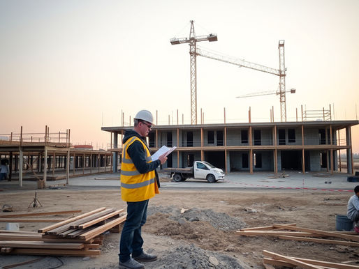 Worker in yellow vest and hard hat reads papers at construction site. Crane and building in background under sunset sky.