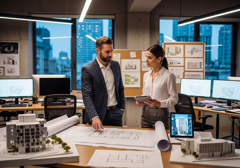 Two professionals discuss building plans in a modern office. Blue cityscape view, architectural models, and screens with blueprints fill the space.