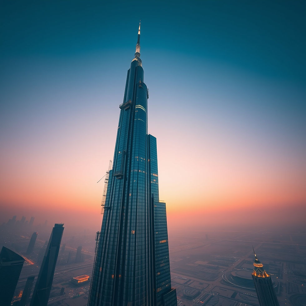 Skyscraper at dusk with a towering spire set against a gradient sky of blue to orange. Cityscape with other buildings visible below.