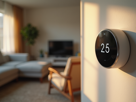 Smart thermostat set to 25°C on a sunlit wall in a cozy living room with a couch, TV, and window drapes. Warm, relaxed ambiance.