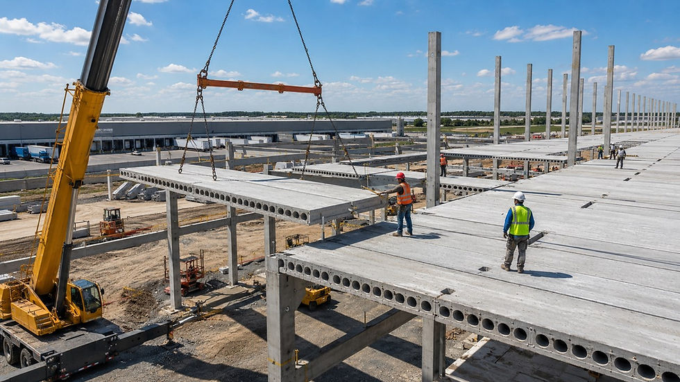 Crane lifts concrete floor panels at a large construction site while workers in safety gear guide the installation under blue sky.