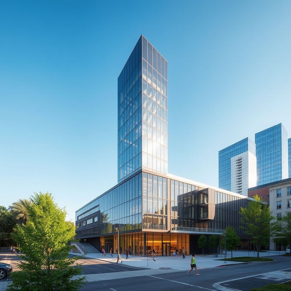 Modern glass building under clear blue sky, with people walking nearby. Reflective surfaces and trees add contrast and vibrancy.