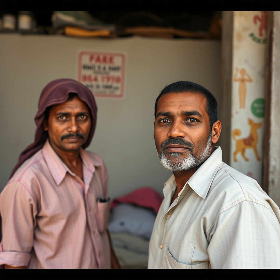 Two men stand in a room, one wearing a headscarf. A sign with text in the background. The mood is calm and serious.