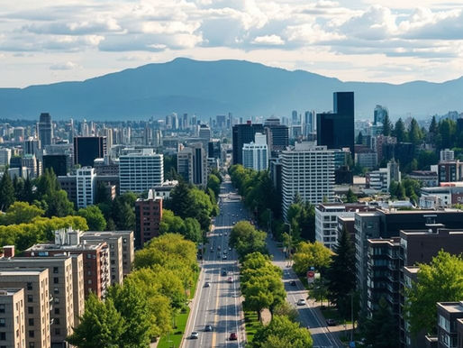 City skyline with tree-lined avenue, tall buildings, and distant mountains under a partly cloudy sky.