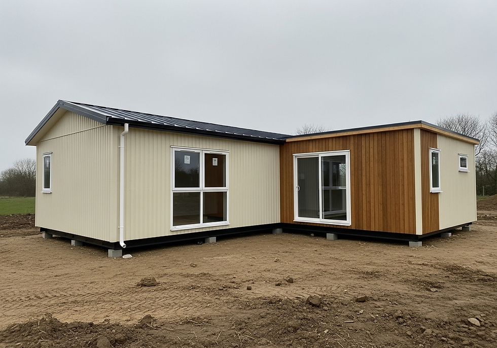 Modular house with beige and wood paneling sits on bare soil. Overcast sky, windows reveal empty interiors. Sparse trees in the background.