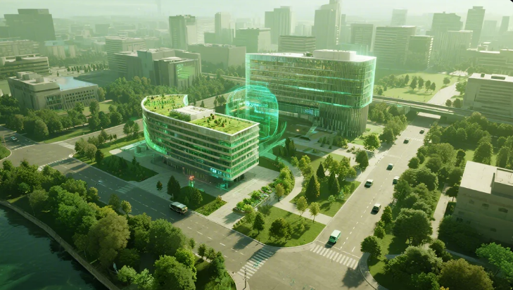 Aerial view of modern cityscape with two futuristic green-glowing buildings, tree-lined streets, and several cars, creating a vibrant urban scene.