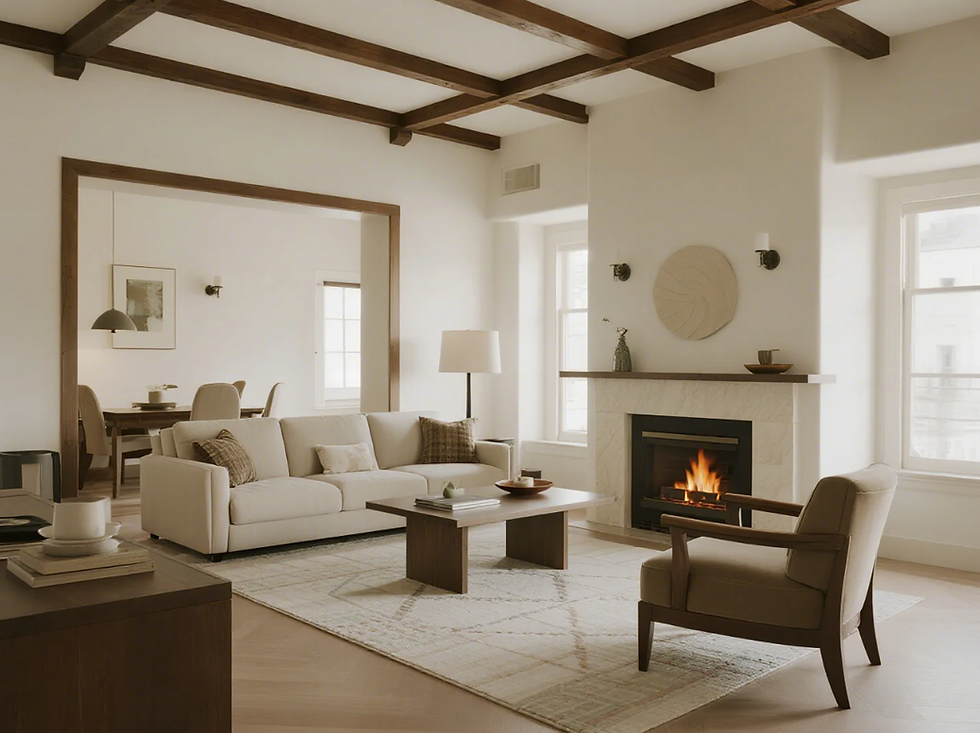Cozy living room with beige sofa, armchair, and coffee table on a light rug. Lit fireplace, wooden beams, and dining area in background.