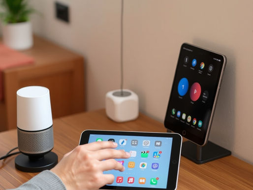 Person operating a tablet on a wooden table. Nearby are a smart speaker, another device on a stand, and a small plant. Neutral setting.