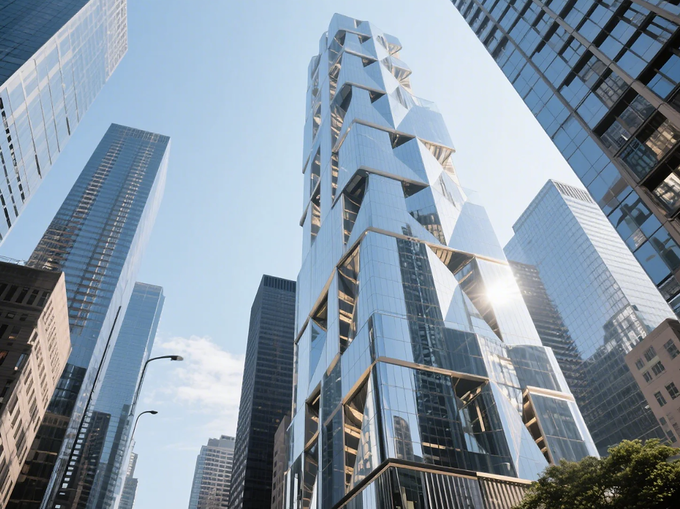 Modern skyscraper with reflective glass facade under a clear blue sky, surrounded by other high-rise buildings. Sunlight glints off the glass.
