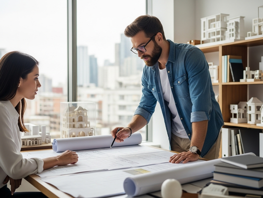 Two architects collaborate over blueprints in a modern office, surrounded by model buildings and books. Urban skyline visible outside.