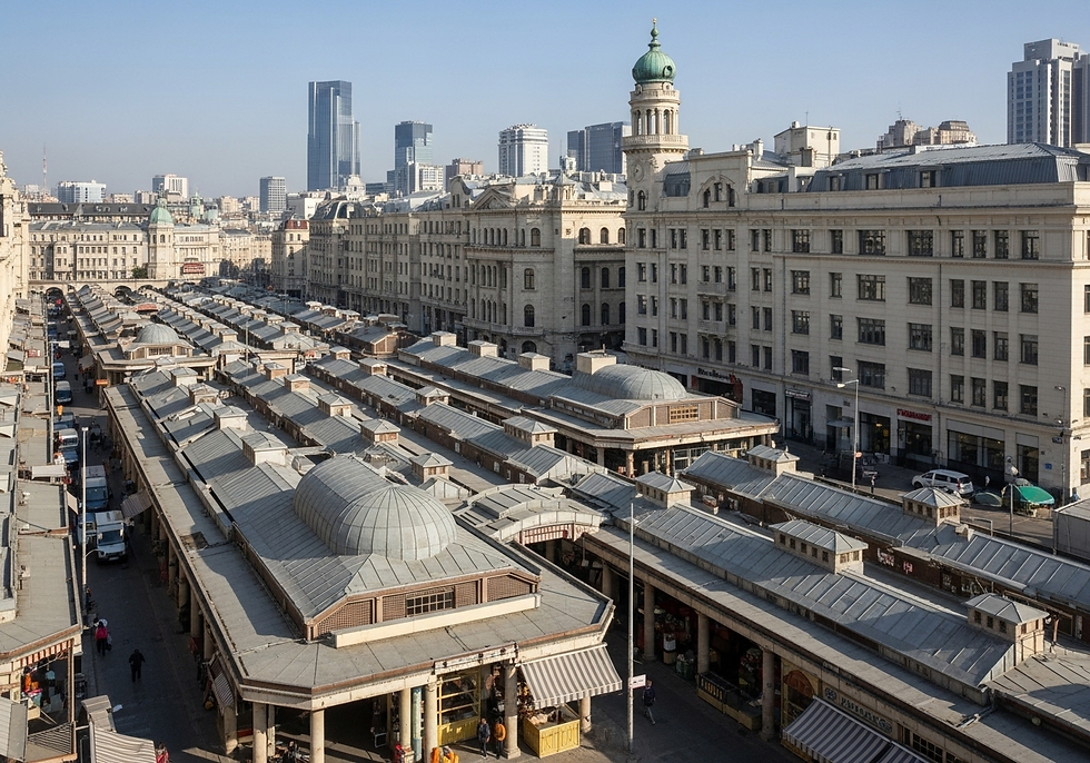 Aerial view of a historic market with domed roofs, surrounded by neoclassical buildings in a cityscape. Clear blue sky, busy street activity.