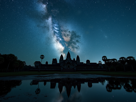 Wide angle view of Angkor Wat temple complex with the Milky Way in the background