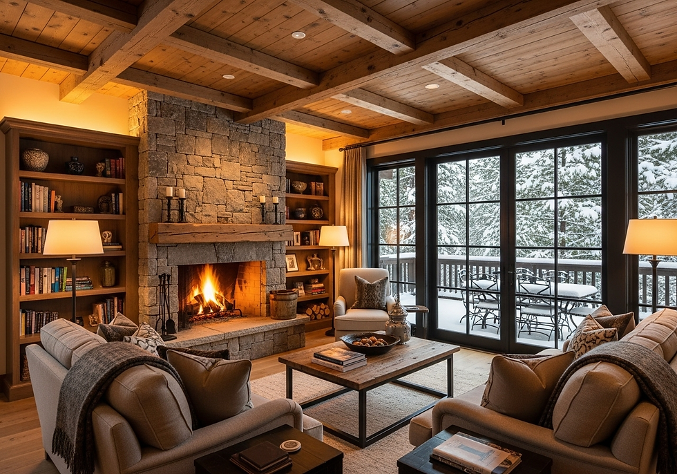 Cozy living room with stone fireplace, soft sofas, and wooden ceiling. Snowy view through large windows. Warm, inviting ambiance.