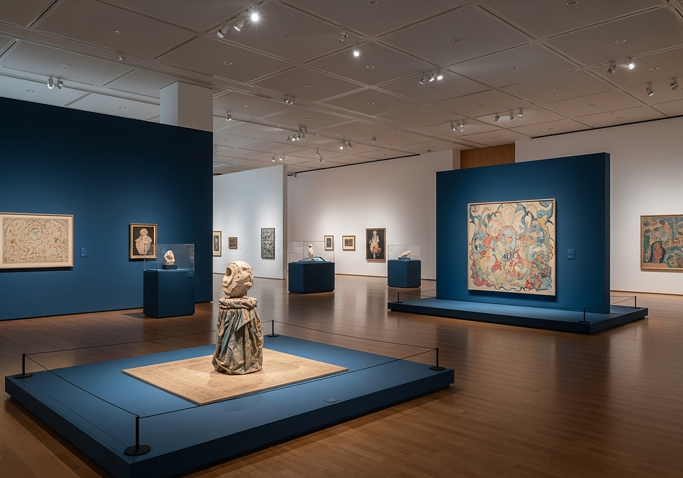 Art gallery interior with sculptures and colorful paintings on blue walls. Wood flooring and bright lighting create a serene atmosphere.