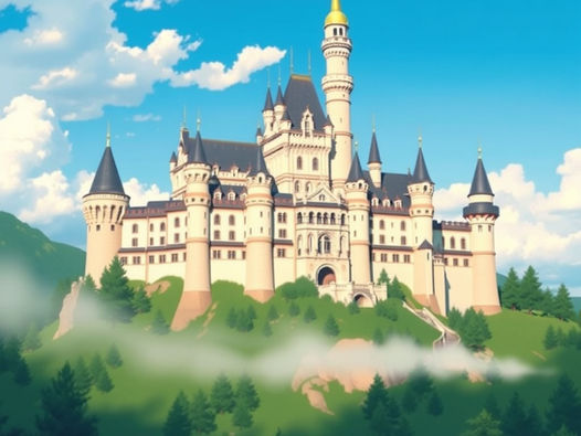 Majestic castle with spires stands on a lush, misty hill under a bright blue sky with fluffy clouds. Dreamlike and serene.