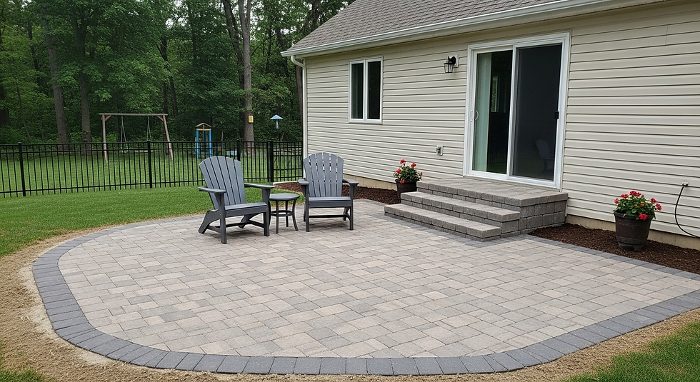 Patio with two gray chairs and a small table on pavers. House with sliding door in background. Green lawn, fence, and trees surround.