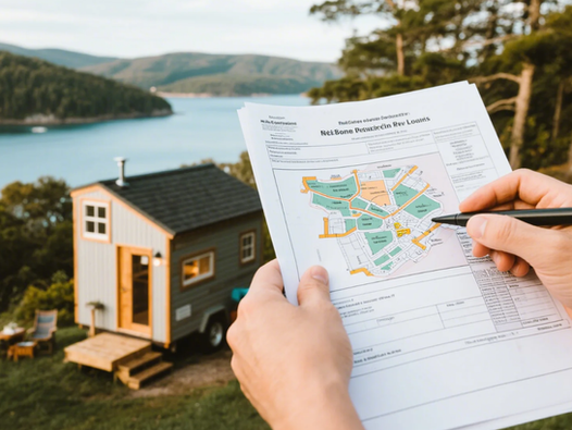 Hands hold a map with a pen over a paper. Background shows a tiny house by a lake with trees and hills, creating a serene outdoor setting.