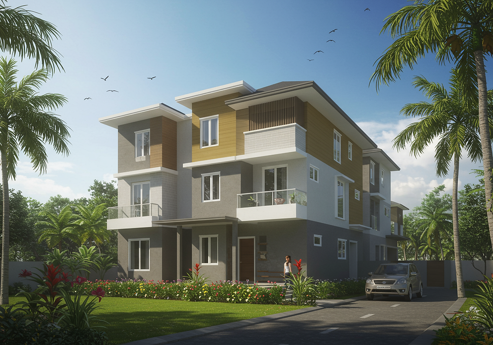 Modern two-story house with a garden, palm trees, and parked car. Clear blue sky with birds. Person near entrance. Mood is serene.