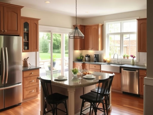 Cozy kitchen with wooden cabinets, island with plates and glasses, stainless steel appliances, and large windows, creating a warm ambiance.