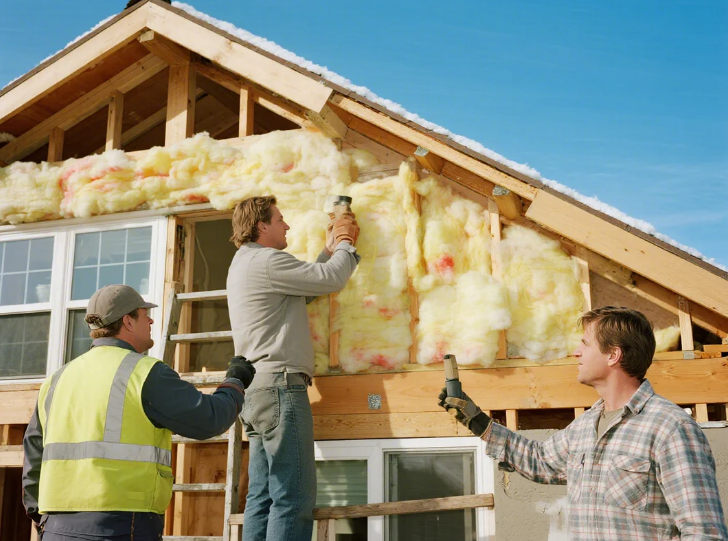 Three men work on a house installing yellow insulation; one is on a ladder. Clear blue sky, visible wooden beams.