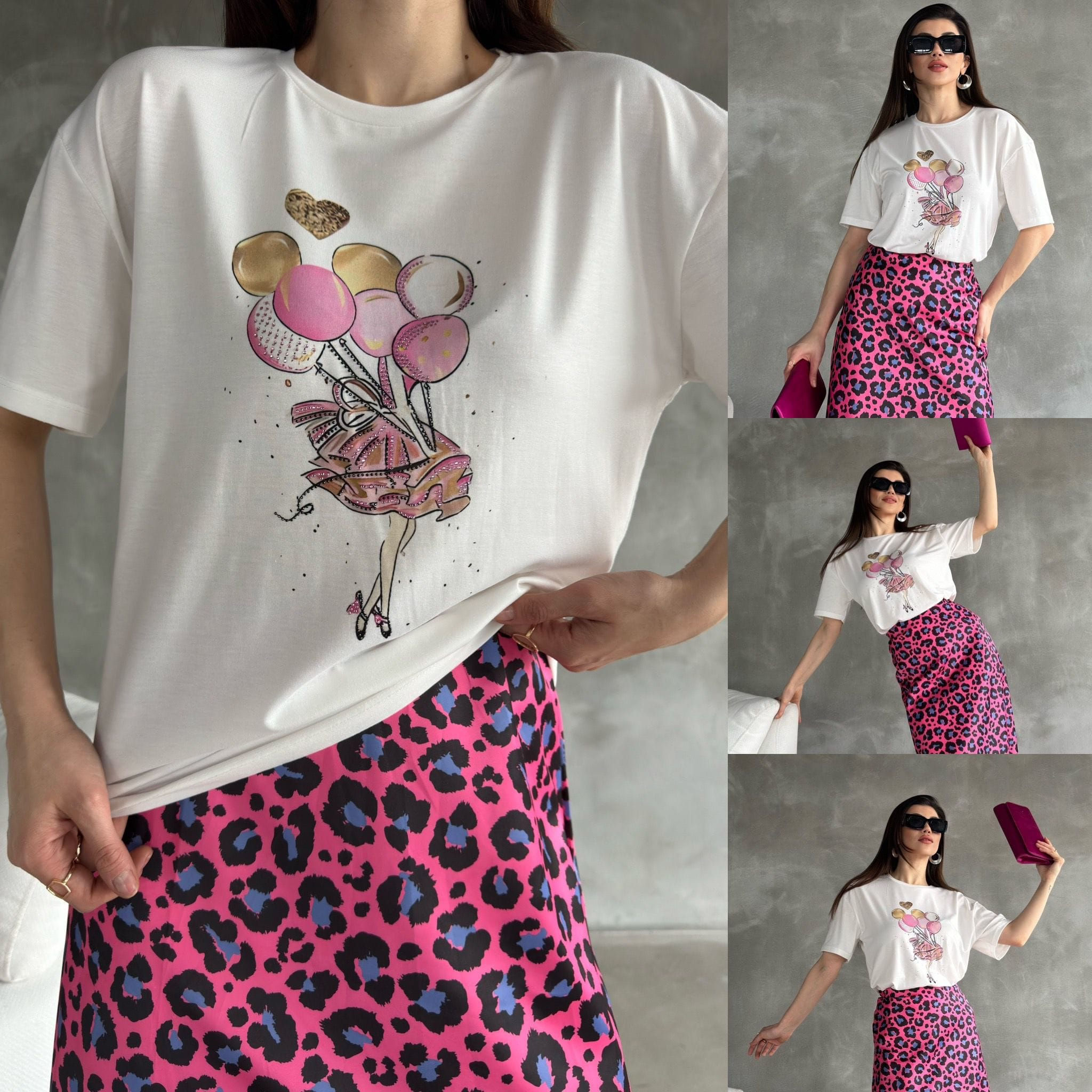 Baskılı Nefes Alan İnce Kumaş Taşlı Kadın T-Shirt