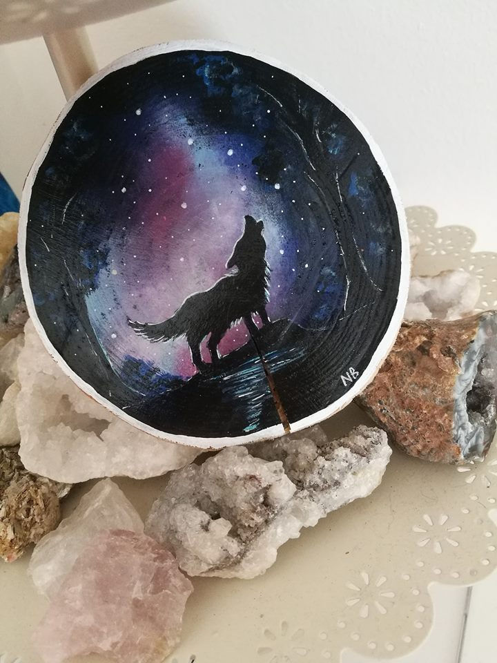 Thumbnail: Sacred Soul Tree Slice Painting Wolf
