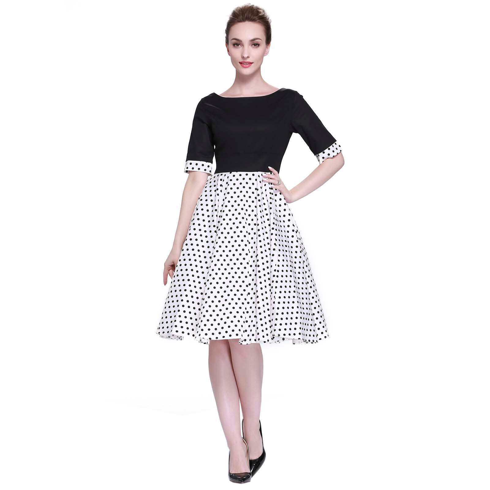 Heroecol Women Boat Neck Vintage 1950s 60s Swing Rero Style Dress 26-88J8088