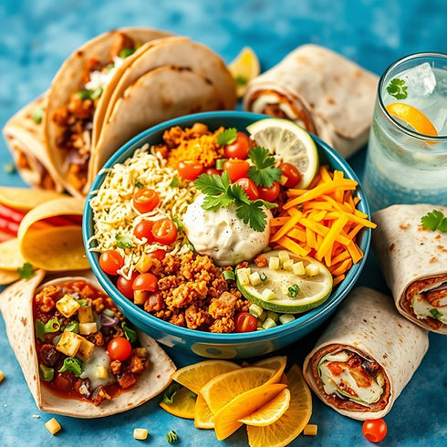 Colorful Burrito Bowl surrounded by taco, quesadilla, and burrito and aqua-fresca.jpg