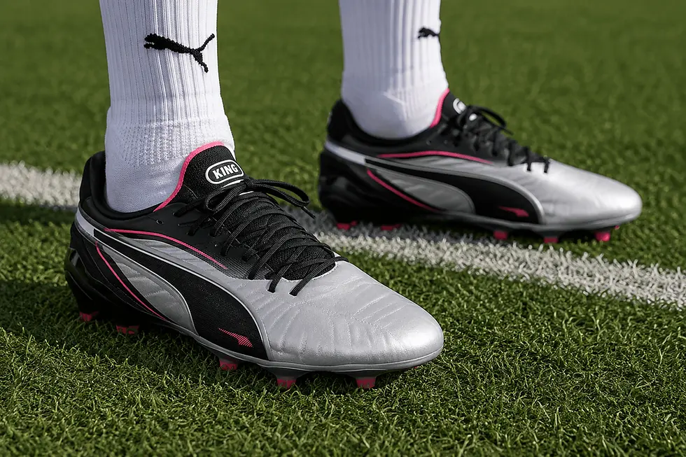 Close-up van zilver-zwarte Puma voetbalschoenen op een voetbalveld