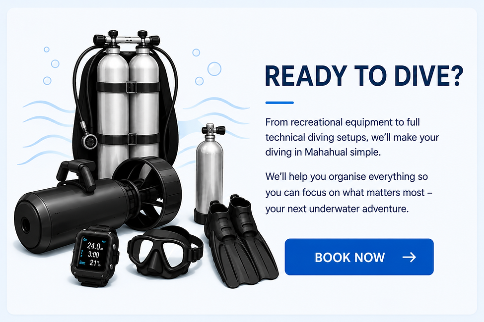 Illustration of recreational and technical scuba diving equipment with a call to action to book diving, scuba courses or equipment with Mahahual Explorers.