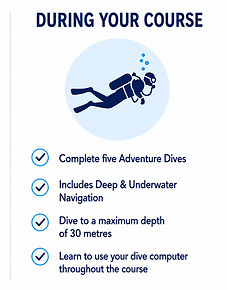 During the PADI Advanced Open Water Diver course including five Adventure Dives, Deep and Underwater Navigation, diving to 30 metres and dive computer use.