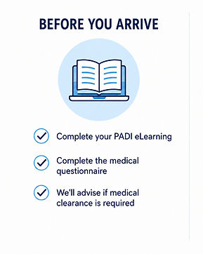 Before you arrive checklist for the PADI Open Water Diver course including eLearning and medical questionnaire