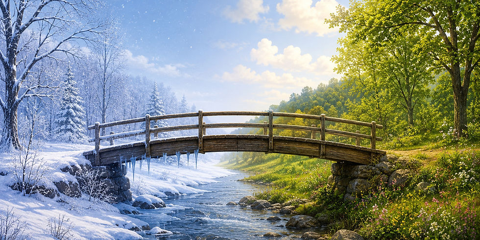 A wooden bridge spanning between winter and spring. One side of the bridge is snowy and the other is lush green.