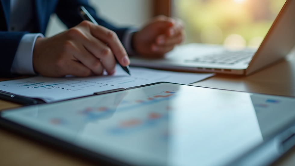Close-up view of a project manager reviewing a communication plan on a tablet