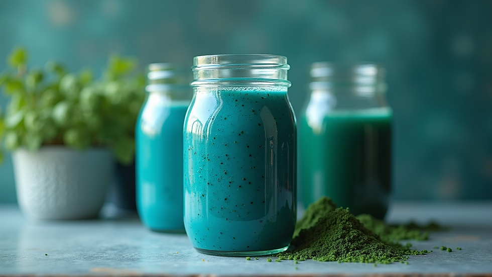 Eye-level view of a vibrant blue spirulina smoothie in a glass jar