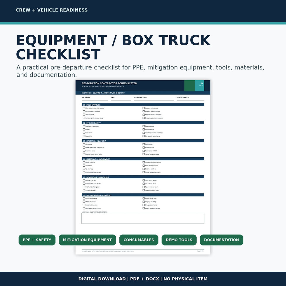 Thumbnail: Real Equipment and Box Truck Checklist preview covering PPE, mitigation equipment, consumables, tools, and documentation.